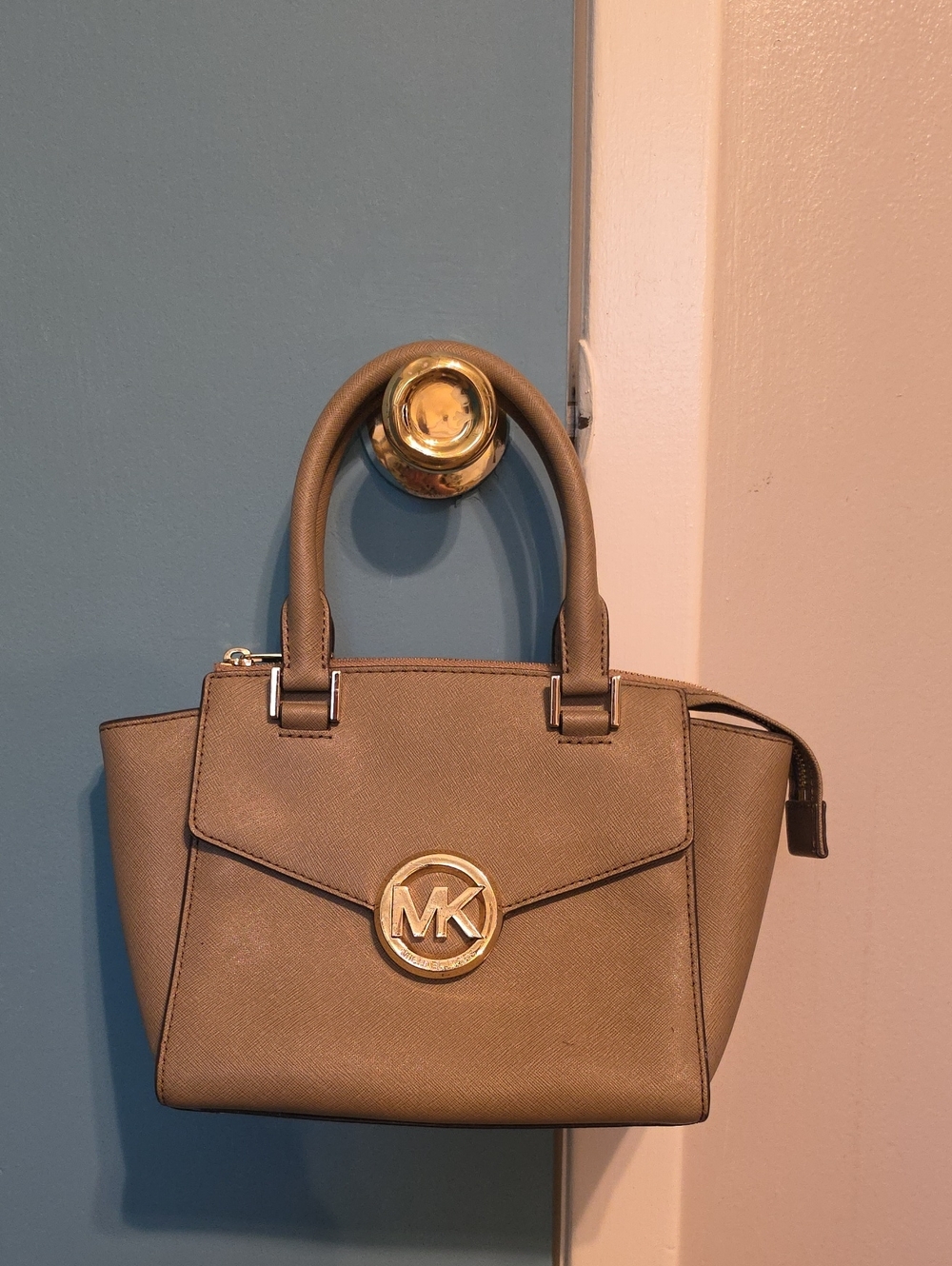 Michael Kors Taupe Saffiano Leather Satchel with Gold MK Logo